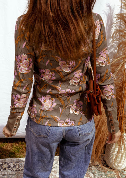 Brown floral top with All The Colors Of Fall and Button Cuff Details