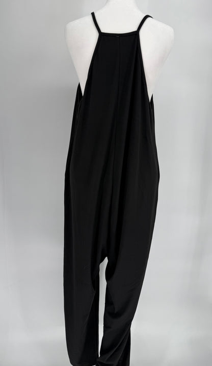 Black Loose Fit Overalls with Pockets