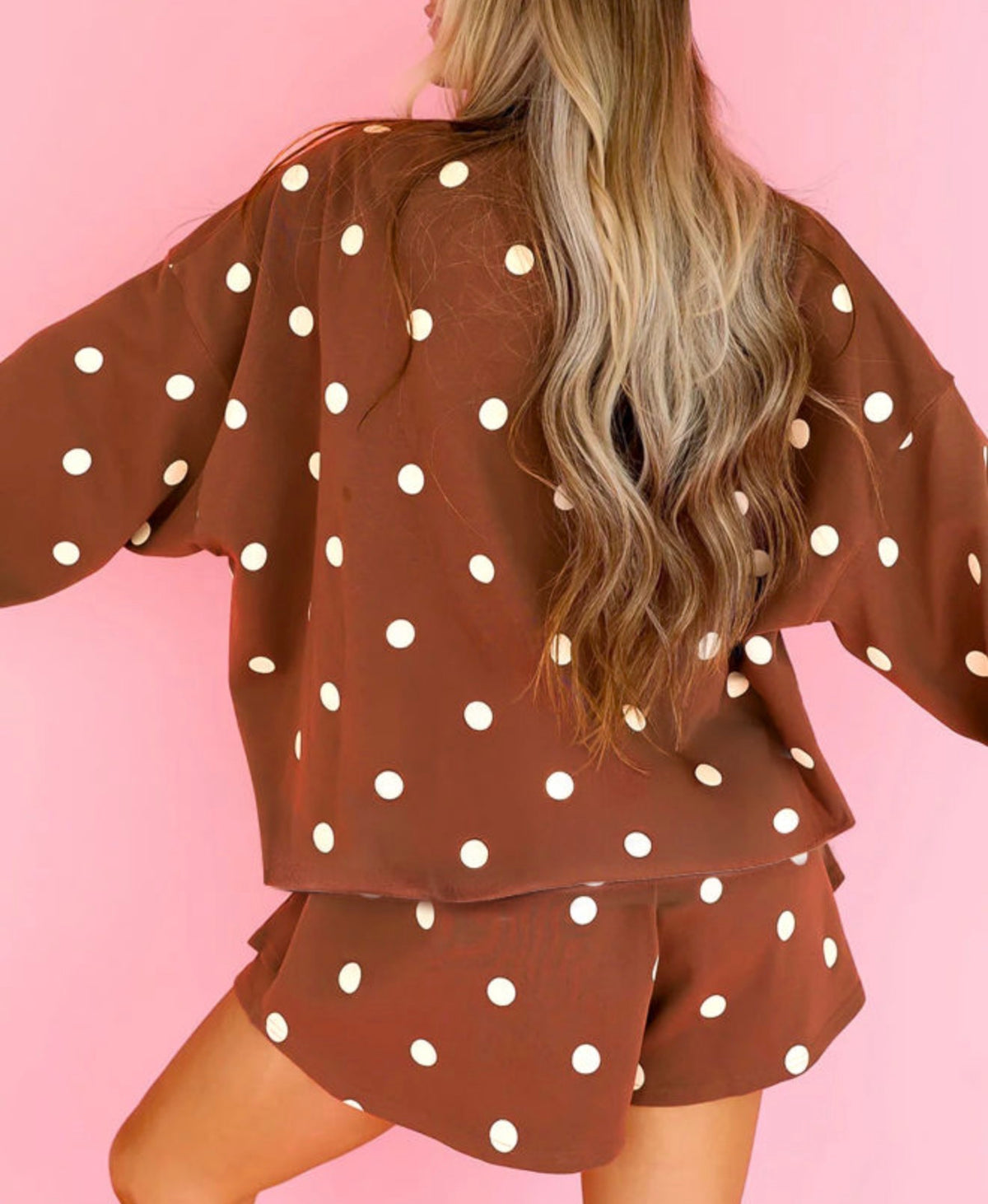 MLBPS Brown Large Polka Dot 2 Piece Skort Set with Long Sleeves Medium Weight Fabric and Pockets