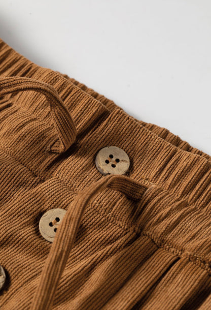 MLCD Camel Brown Fine Corduroy Pants with Wooden Button Closure