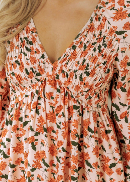 Orange Floral Print V-Neck Dress