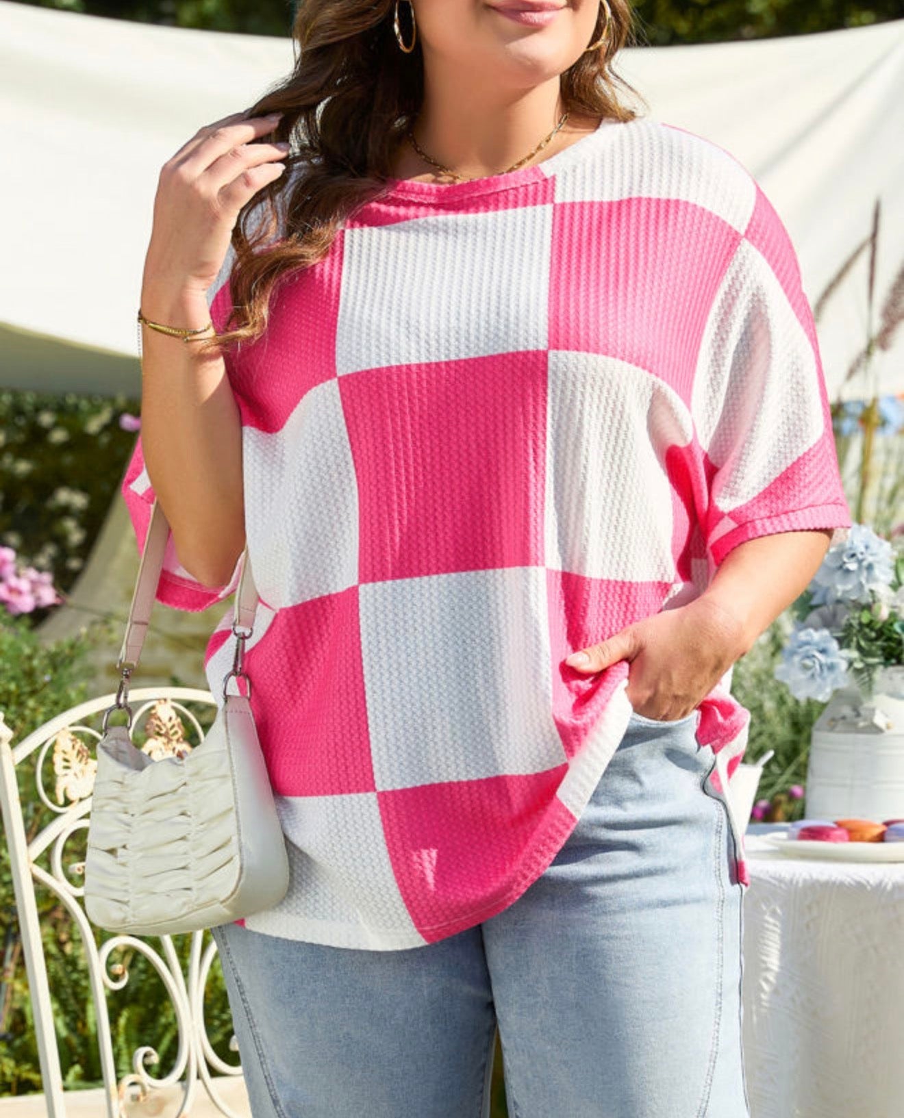 PP29 Hot Pink and White Rib Texture Checkerboard Top with Drop Shoulder and Short Sleeves