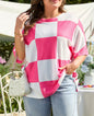 PP29 Hot Pink and White Rib Texture Checkerboard Top with Drop Shoulder and Short Sleeves