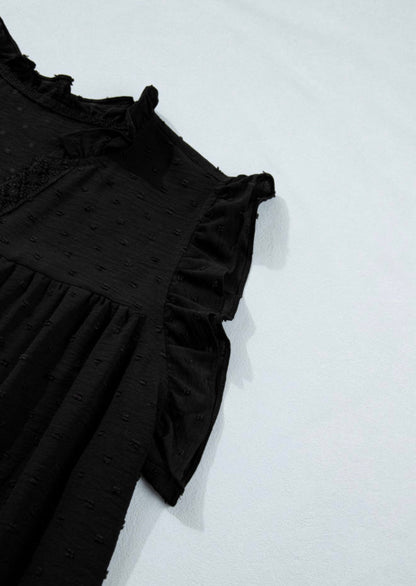 PP19 Black Ruffle Lace V Neck Sleeveless Top in Swiss Dot Fabric for Added Charm