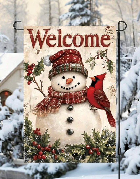 Welcome Snowman with Cardinal Small Garden Flag