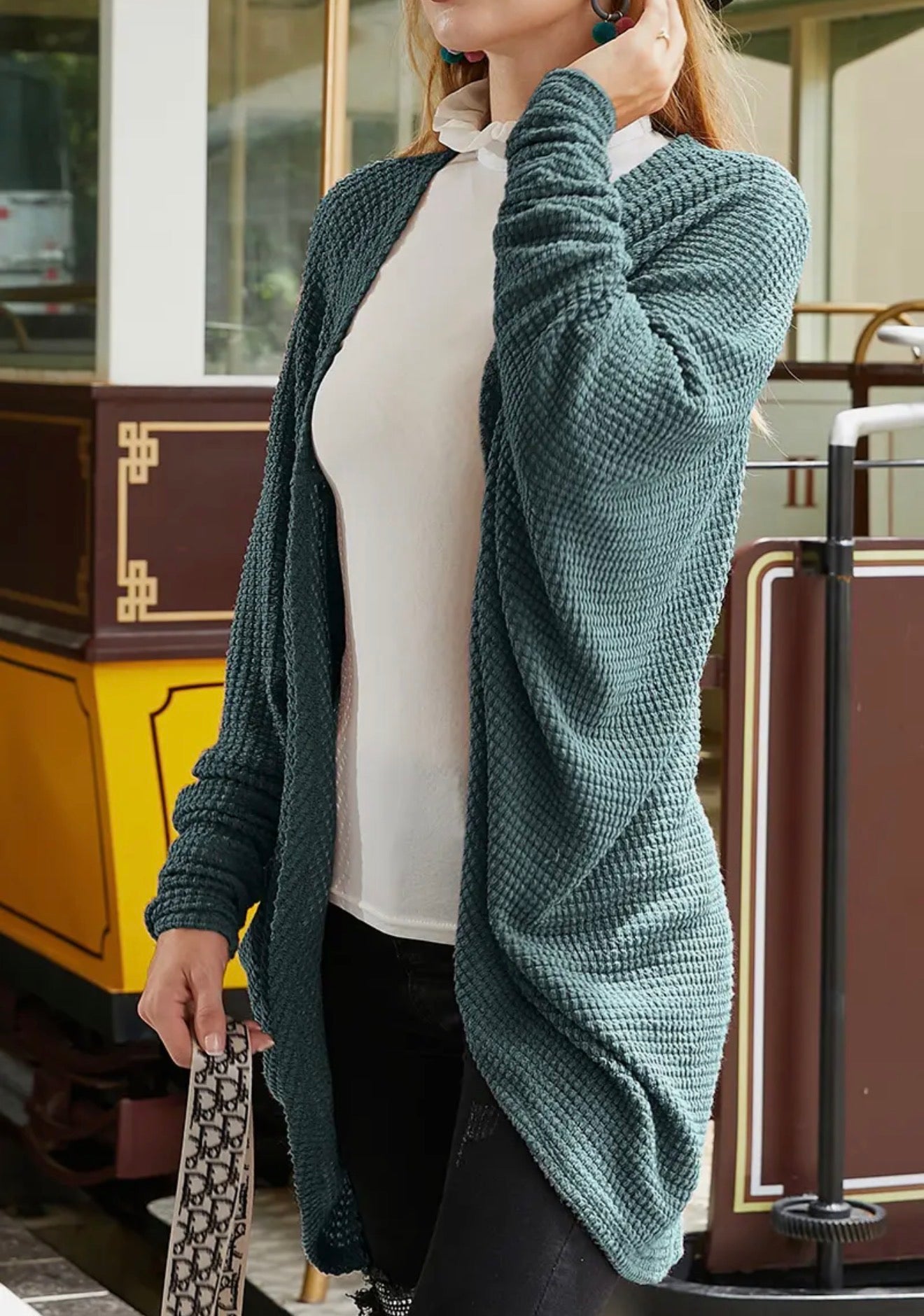 Textured fabric open front cardigan with dolman sleeves from Ivy's Gifts & Boutique, shown on a neutral background.