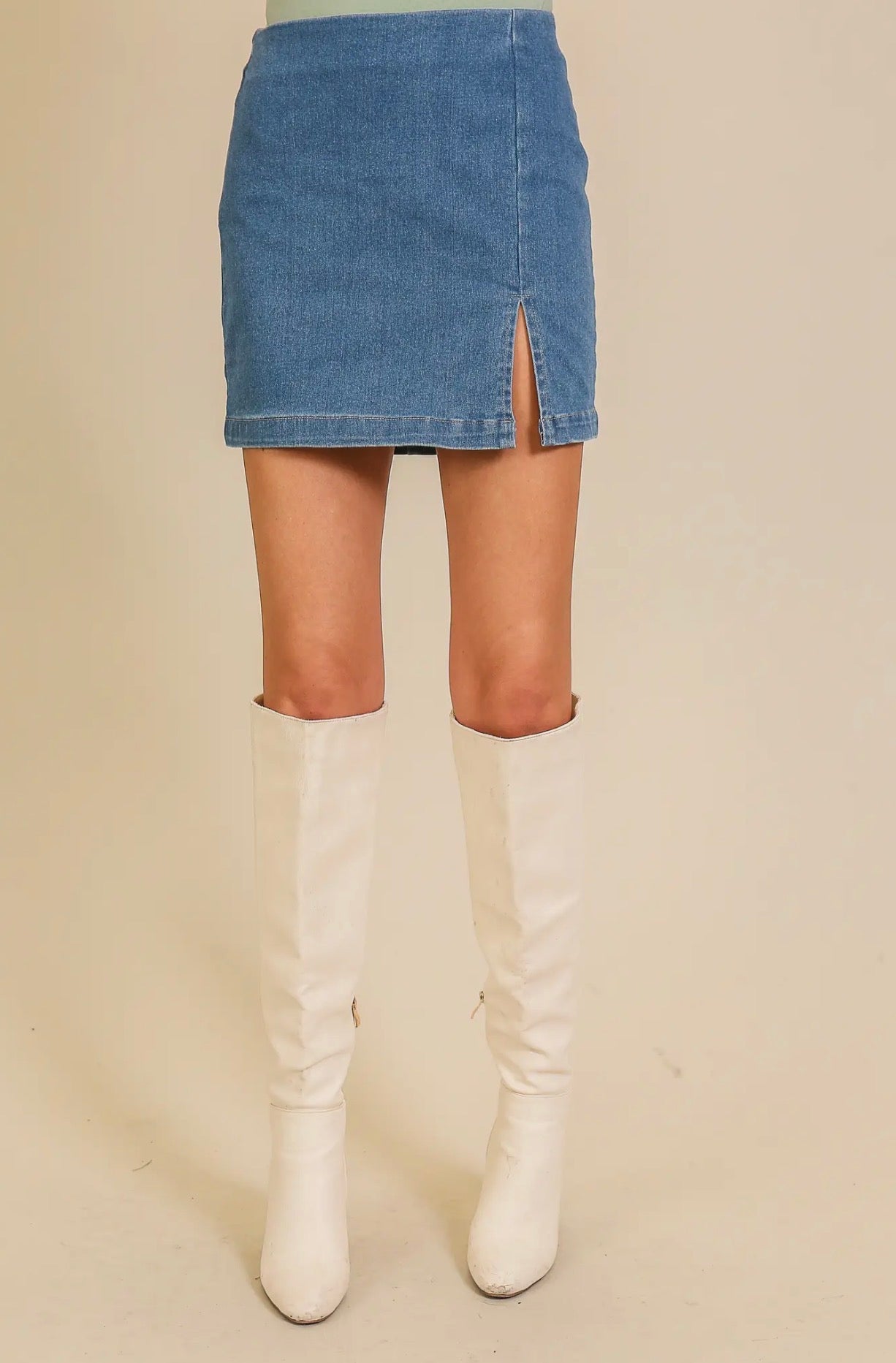 Blue denim Rodeo Nights skirt with stretchy comfort from Ivy's Gifts & Boutique, featuring a casual, fitted style.