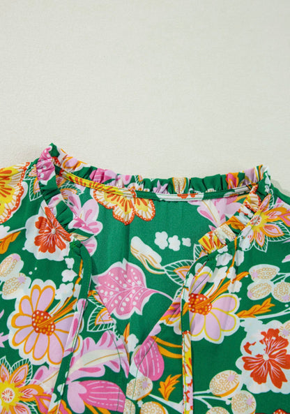 Floral Print Green Blouse with Tie at Neck