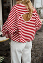 MLRPS Red and Pink Stripe Open Back Design Long Sleeve Oversized Top