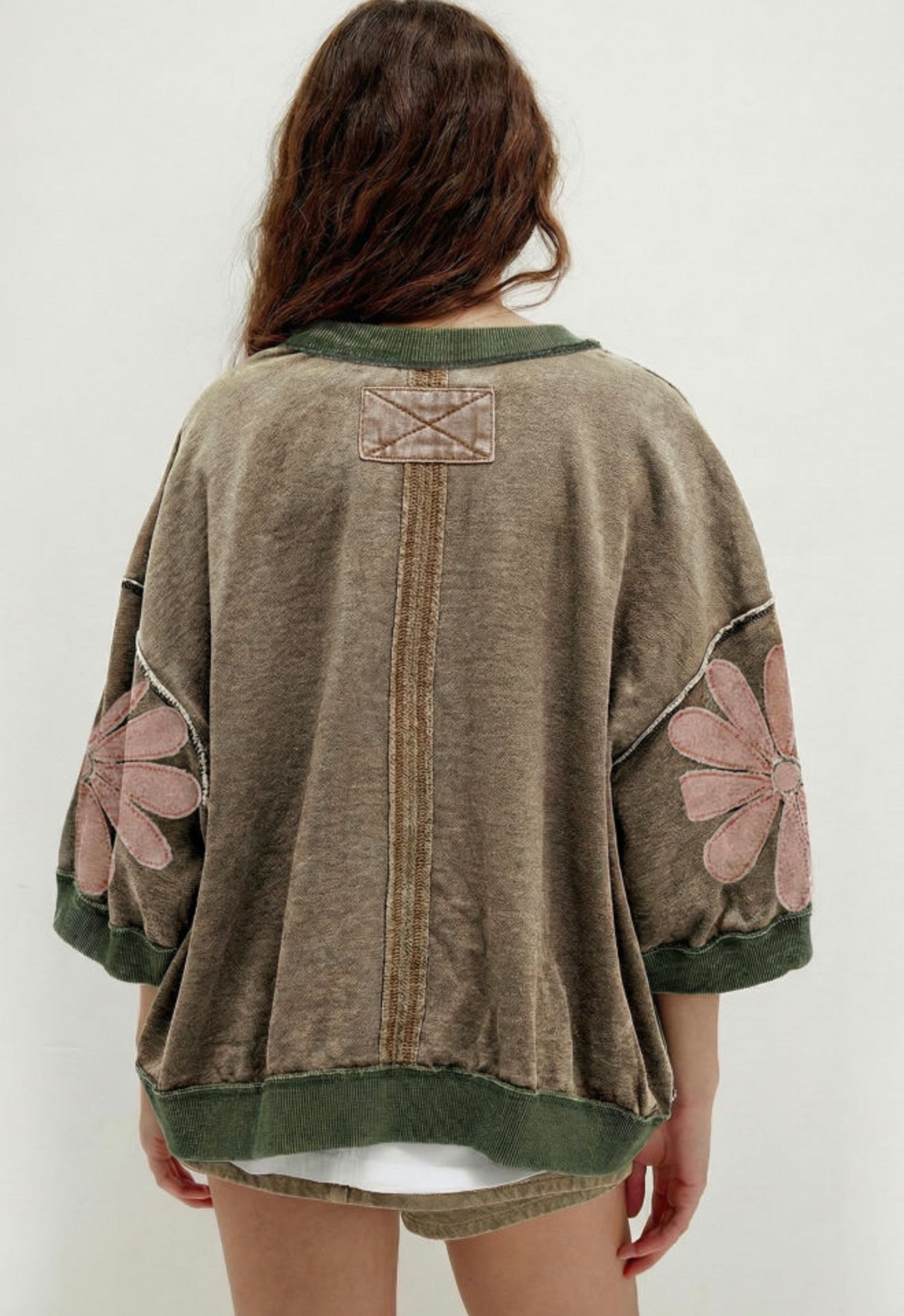 MLFT Acid Wash Olive Green Oversize Top with Flower Detail and Exposed Stiching