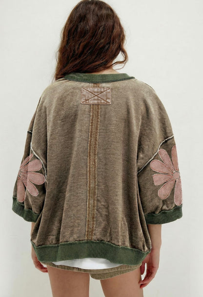 MLFT Acid Wash Olive Green Oversize Top with Flower Detail and Exposed Stiching