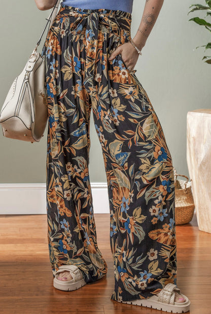Floral and Leaf Print Wide Leg Elastic Waist Pants with Belt