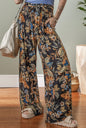 Floral and Leaf Print Wide Leg Elastic Waist Pants with Belt