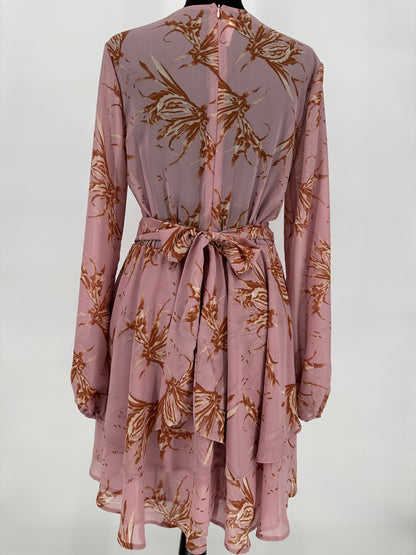 Pink Abstract Printed Belted Dress with Ruffled Hem