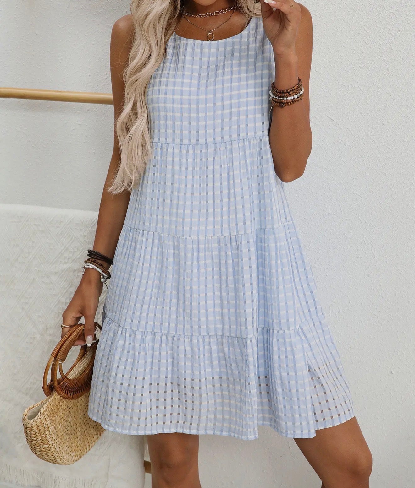 Sleeveless basket woven plaid dress in blue, pink, or red by Ivy's Gifts & Boutique, featuring a stylish, casual design.