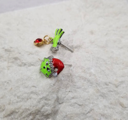 GE Grinch enamel earrings featuring festive green and red design, perfect for holiday fashion from Ivy's Gifts & Boutique.