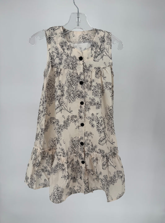 CH5 Cream and Navy Floral Print Cotton Dress with Navy Button Front and Ruffle Hem