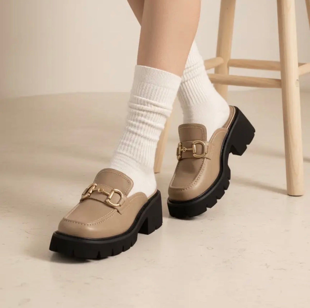 MBMF Mocha Brown Chunky Sole Mule Style Shoe with Horse Bit Buckle