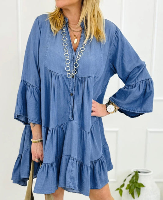 Blue Denim Bell Sleeve Dress