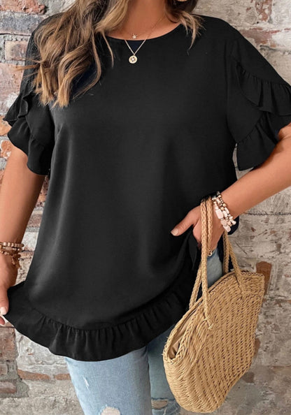 Black ruffle petal sleeve and hem top with tie back closure from Ivy's Gifts & Boutique, shown on a model.