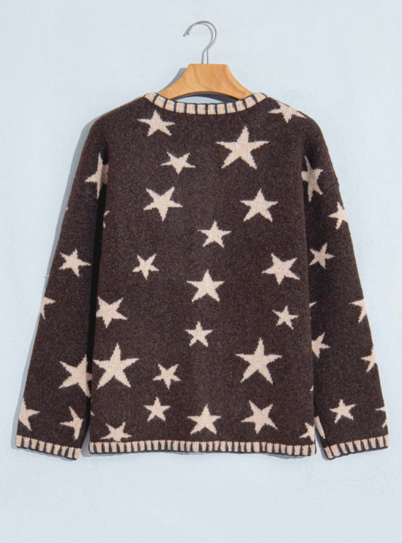 MLSS Brown Button Up Cardigan Sweater with Star Details and Blanket Stiching on Pockets,Cuffs, Neck and Hem