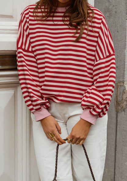 MLRPS Red and Pink Stripe Open Back Design Long Sleeve Oversized Top