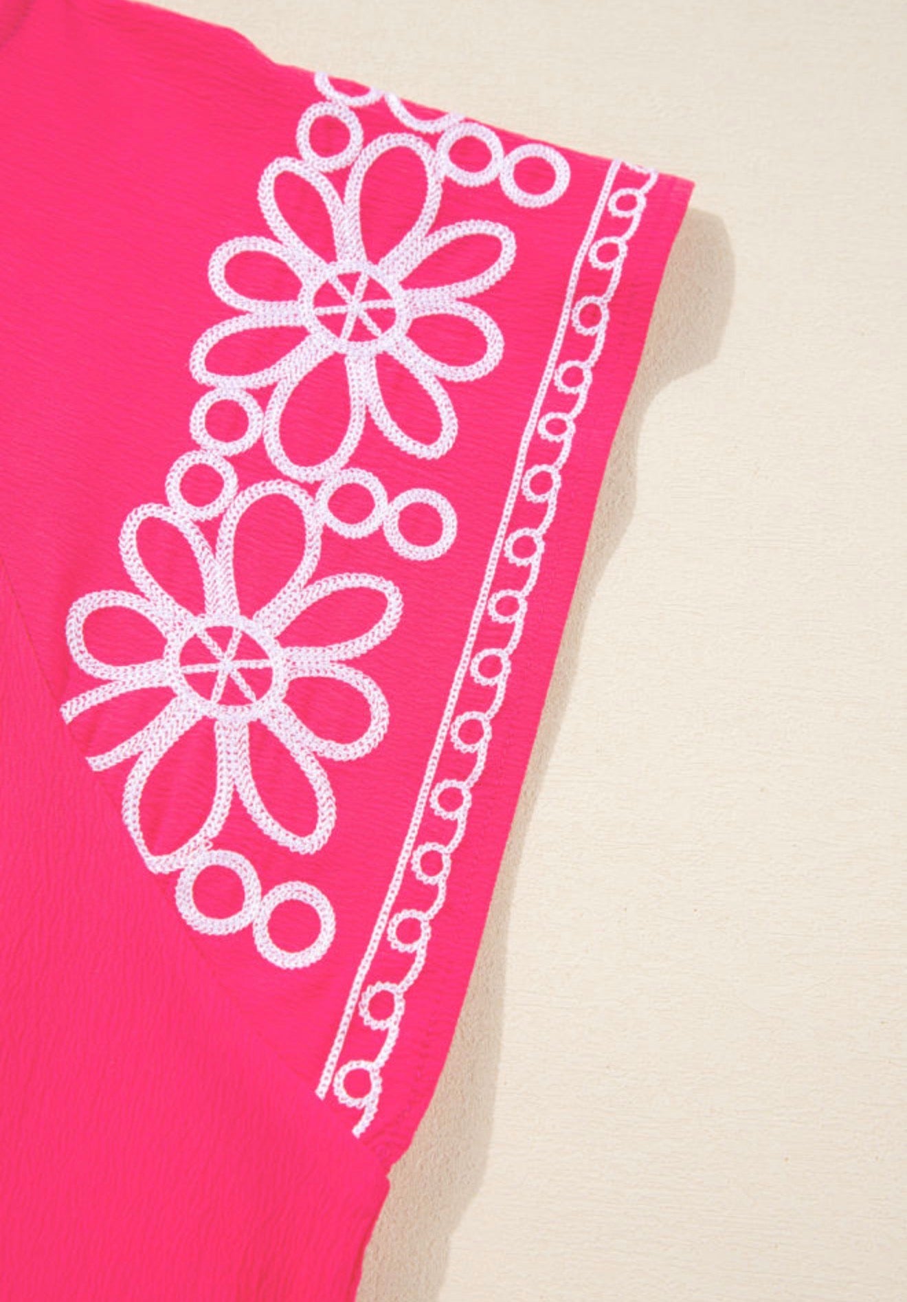 PP28 Strawberry Pink Pleated O Neckline Top with Embroidered Flutter Sleeves