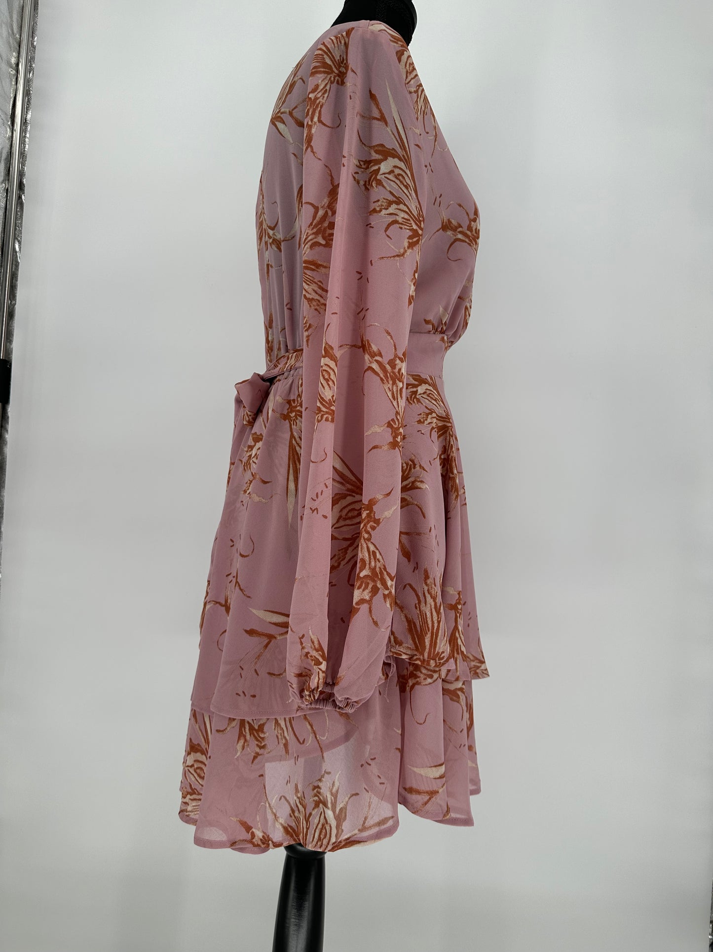 Pink Abstract Printed Belted Dress with Ruffled Hem