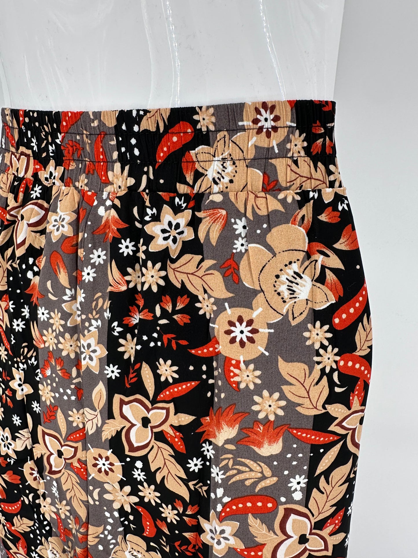 Black and Floral Print Wide Leg Elastic Waist Pants
