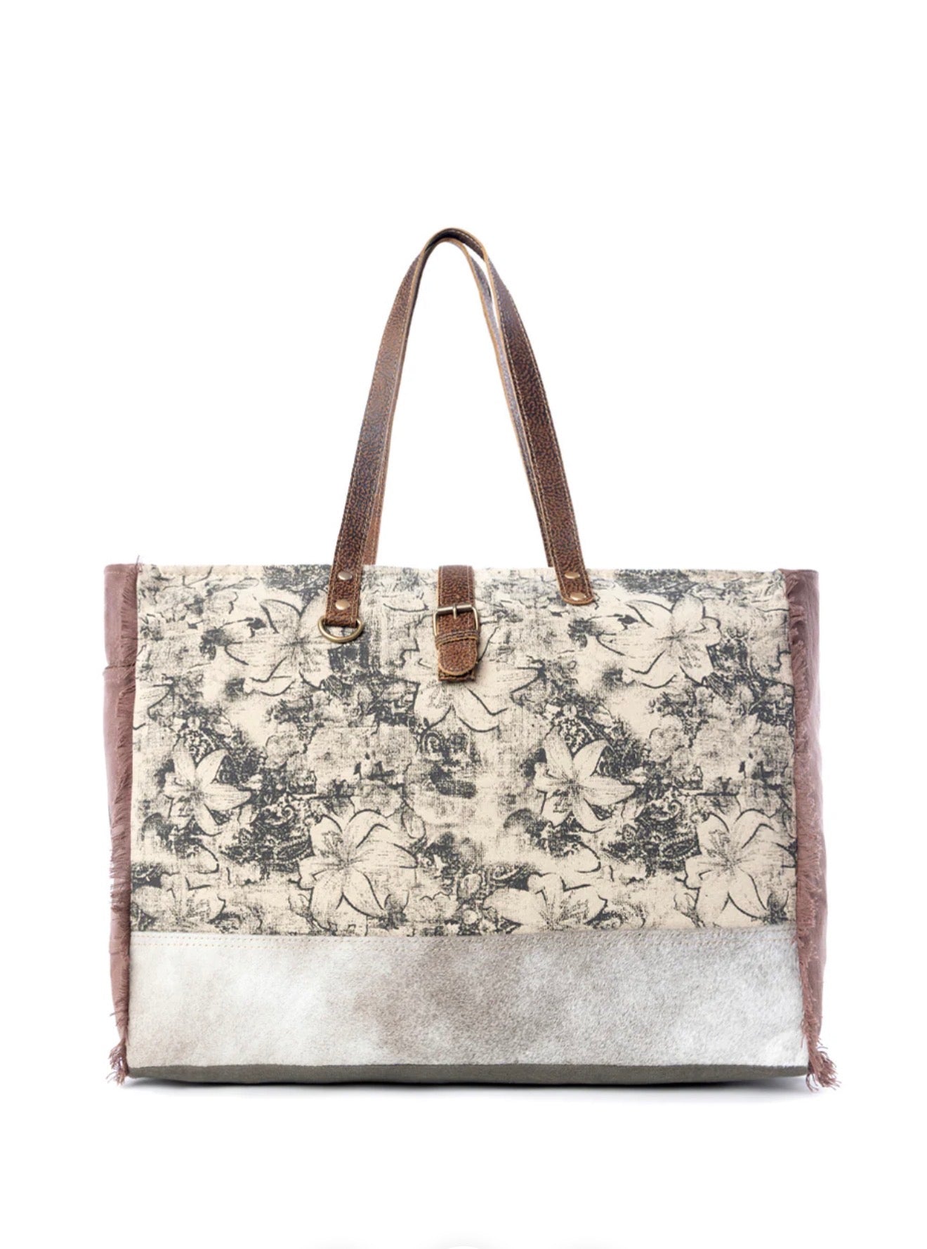 MY19 Floweret Printed Canvas Weekender Bag With Lots of Space, Pockets, and Outer Side Pocket for All of Your Weekend Travels