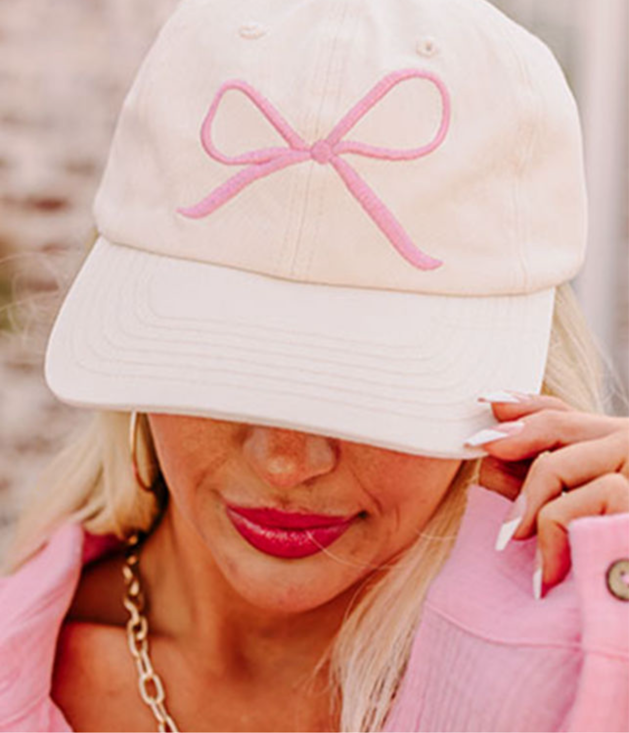 White Baseball Cap with Pink Bow