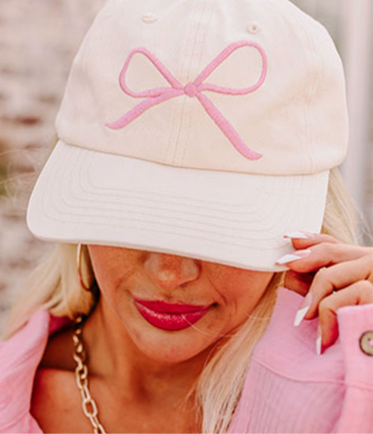 White Baseball Cap with Pink Bow