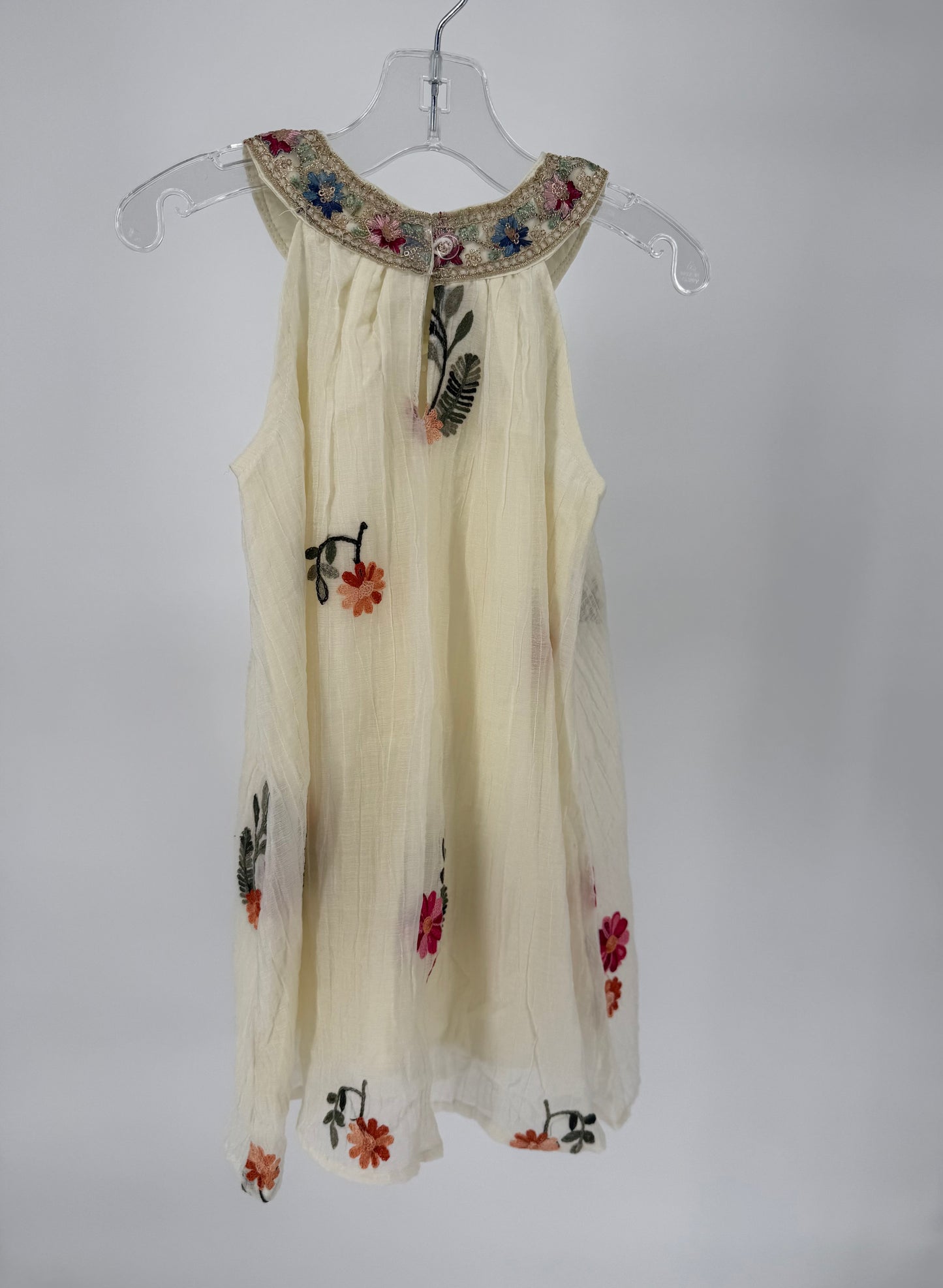 CH6 Toddler Embroidered Floral Gauze Overlay Dress with Lining and Metallic Thread Detail Neckline