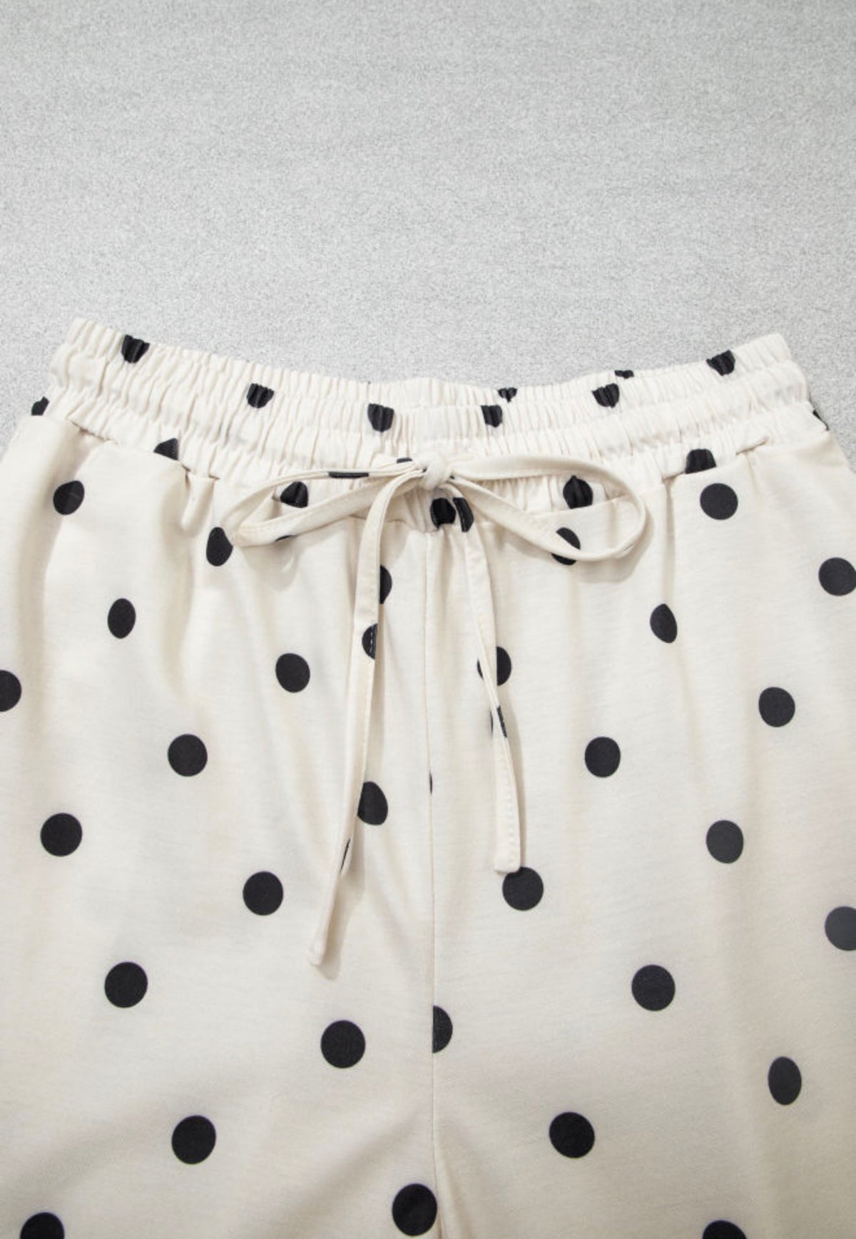 MLCPD Cream 2 Piece Pant Set with Black Polka Dots Elastic Drawstring Waist Pants and Black Accent Stitching Details