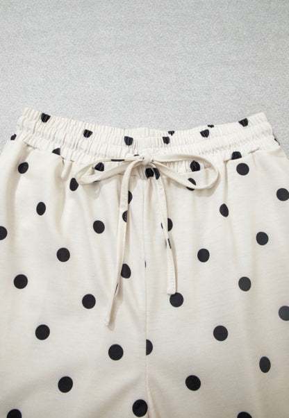 MLCPD Cream 2 Piece Pant Set with Black Polka Dots Elastic Drawstring Waist Pants and Black Accent Stitching Details