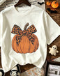 Ivy's Gifts & Boutique PKN1 pumpkin T-shirt with animal print bow, featuring festive pumpkin design and playful style.