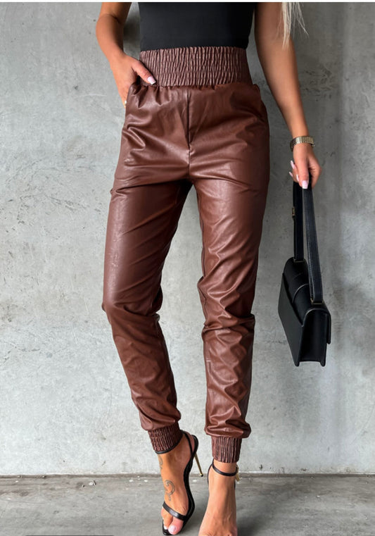 Brown Pleather Jogger Pants