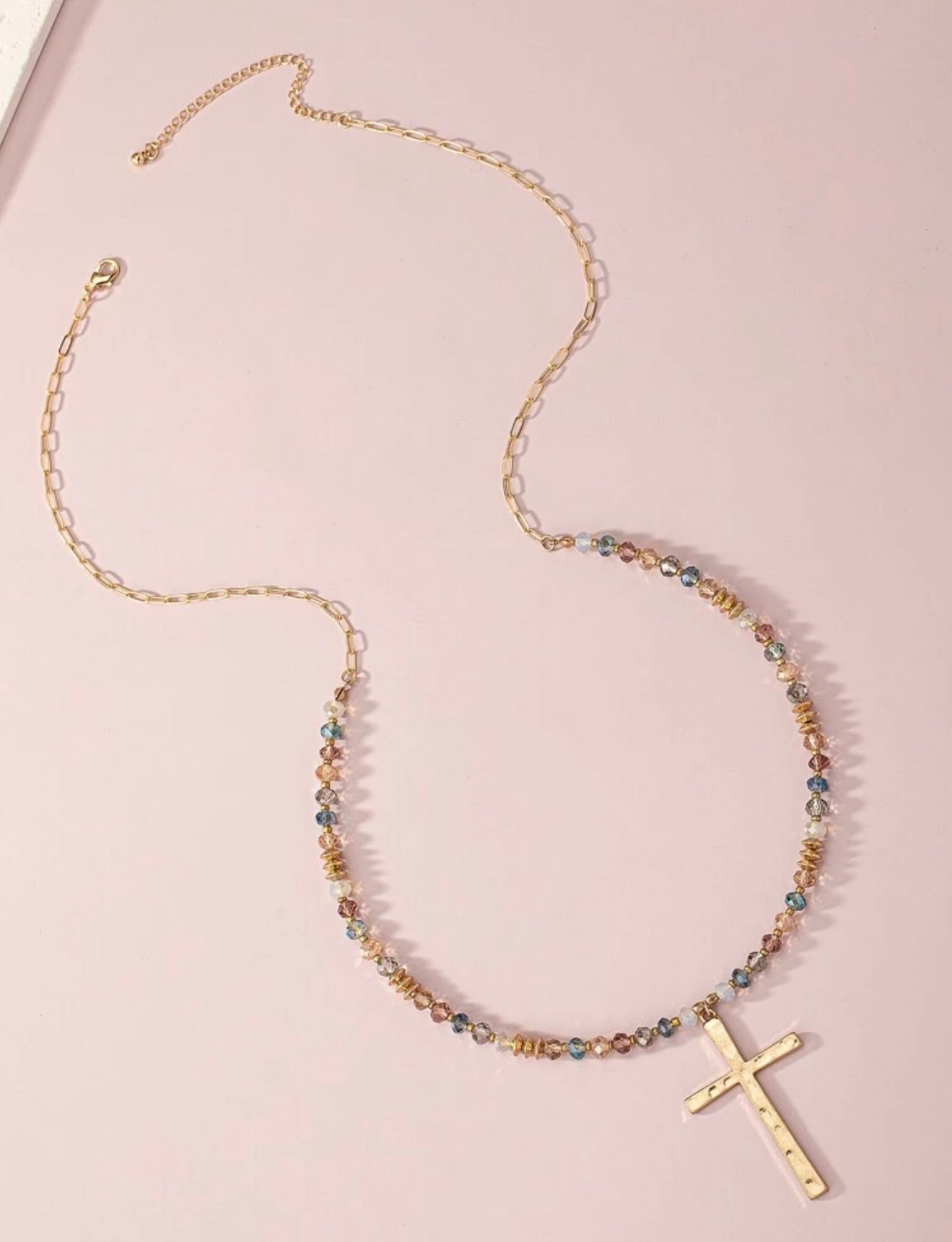 Gold Cross Necklace with Crystal Beads