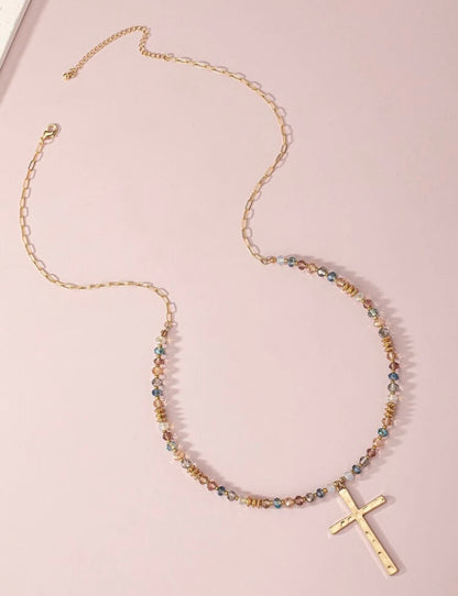 Gold Cross Necklace with Crystal Beads