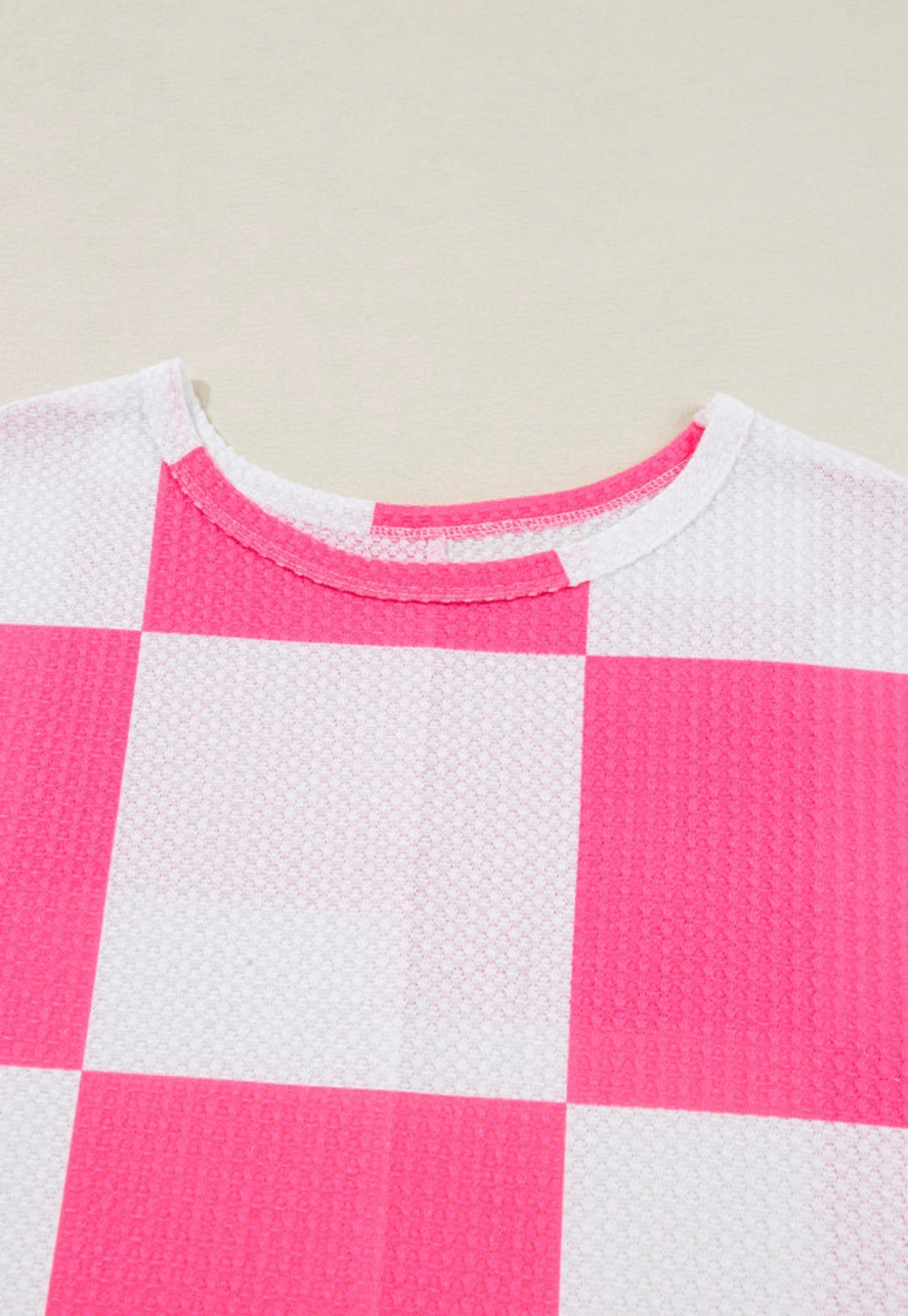 PP29 Hot Pink and White Rib Texture Checkerboard Top with Drop Shoulder and Short Sleeves