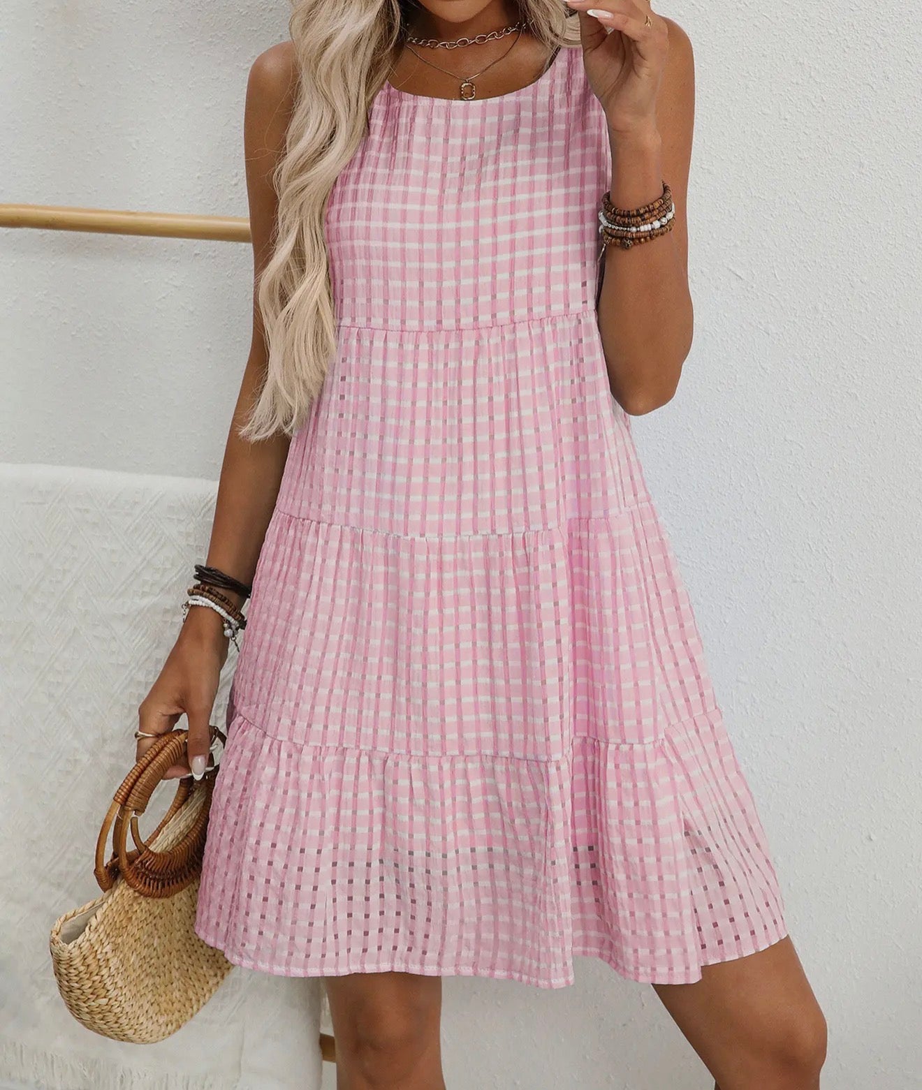 Blue and pink sleeveless basket woven plaid dress from Ivy's Gifts & Boutique, featuring a stylish and lightweight design.
