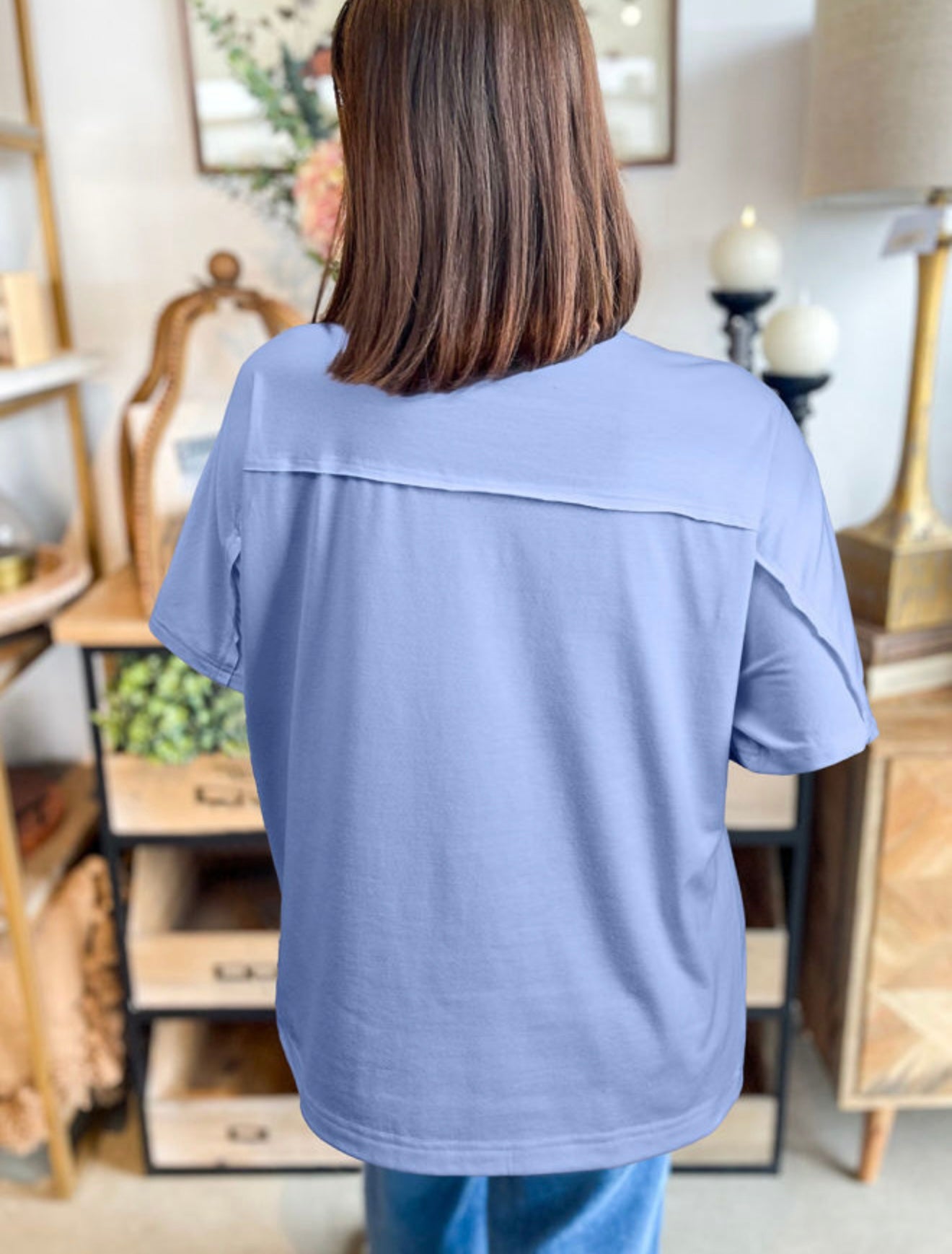Flower Appliqué Blue Top