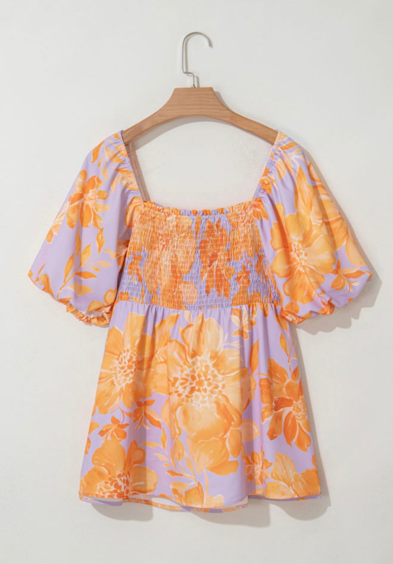 PP31 Purple and Orange Floral Square Neckline Puff Sleeve Top with Gathered Elastic Bodice for Flattering Fit