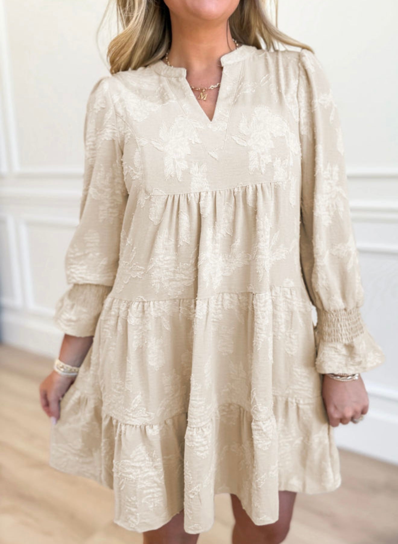 A39 Beige 3 Tier Ruffle Dress with Textured Fabric - Ivy's Gifts & Boutique