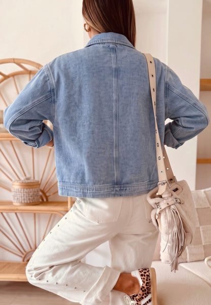 MLDJ Medium Wash Zip Closure Denim Jacket with Pearl Embellishments