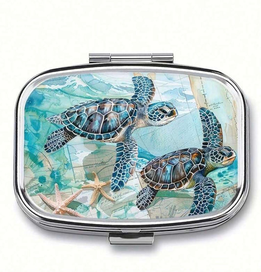 ST3 Sea Turtle Compact Pill Box with Divided Tray and Mirror