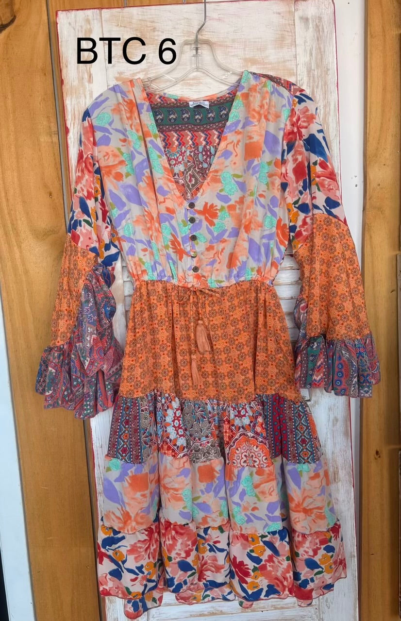 BTC BoHo Style Dress with Unique Fabric Patterns Ruffle Sleeve and Hem