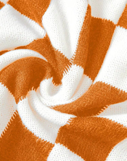 Orange and White Checkered Cardigan Sweater