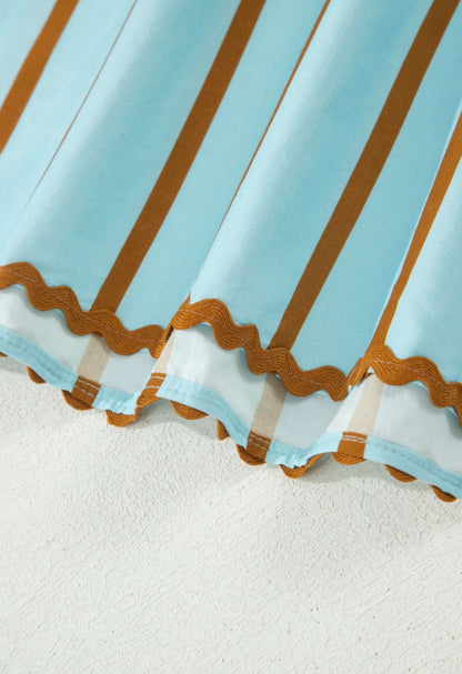 ML42 Turquoise and Brown Stripe V Neck Blouse with Ruffle Cap Sleeve And RicRac Trim