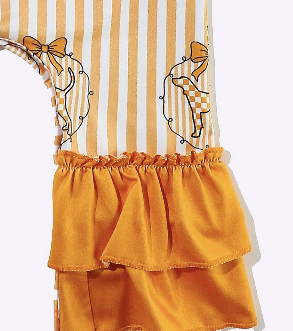 CCRJ Tennessee Striped Smokey Dog Romper with Ruffle Detail